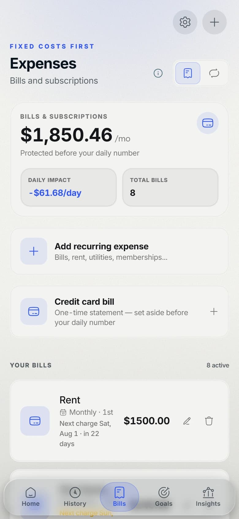 Basin bills screen showing monthly bills, their daily impact, and upcoming recurring expenses.
