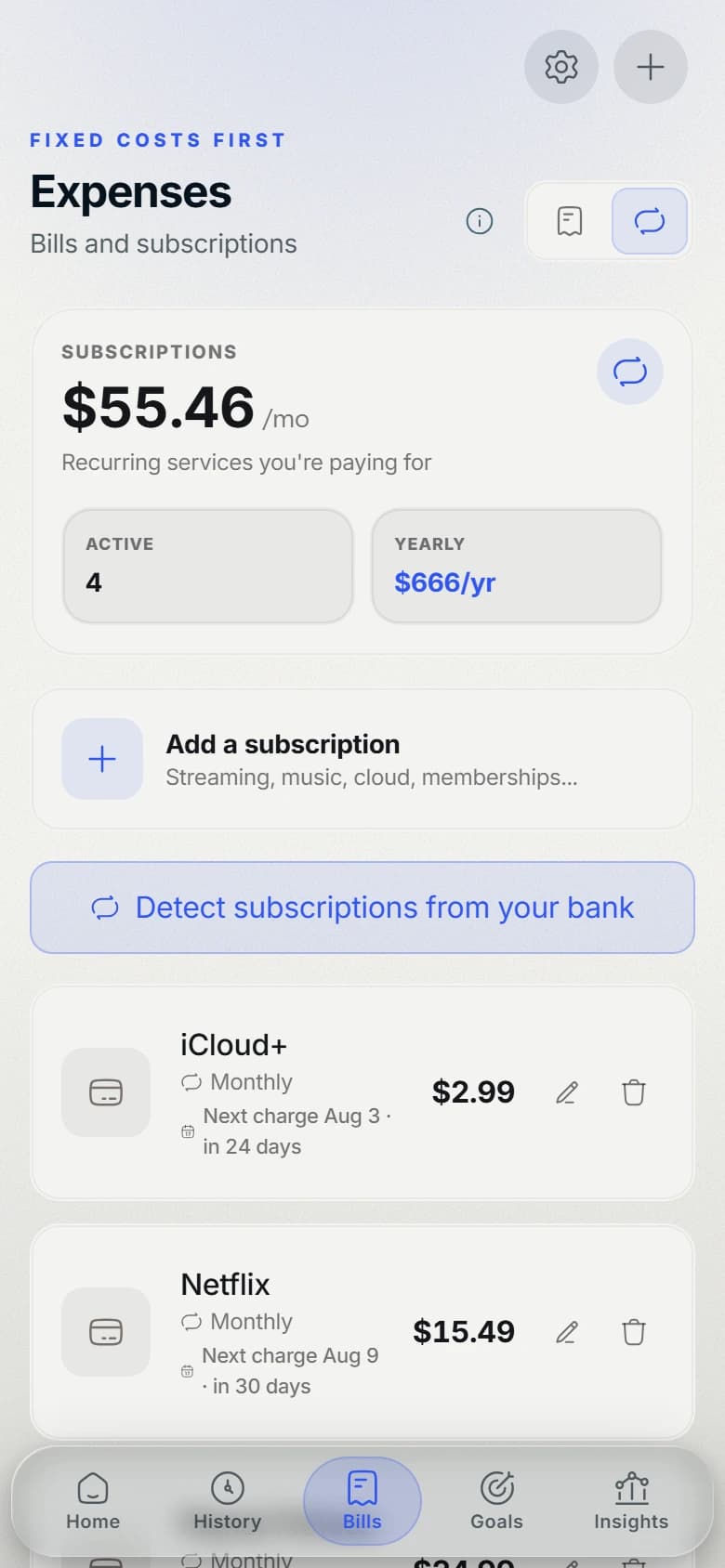 Basin subscriptions screen listing recurring charges with their monthly cost.