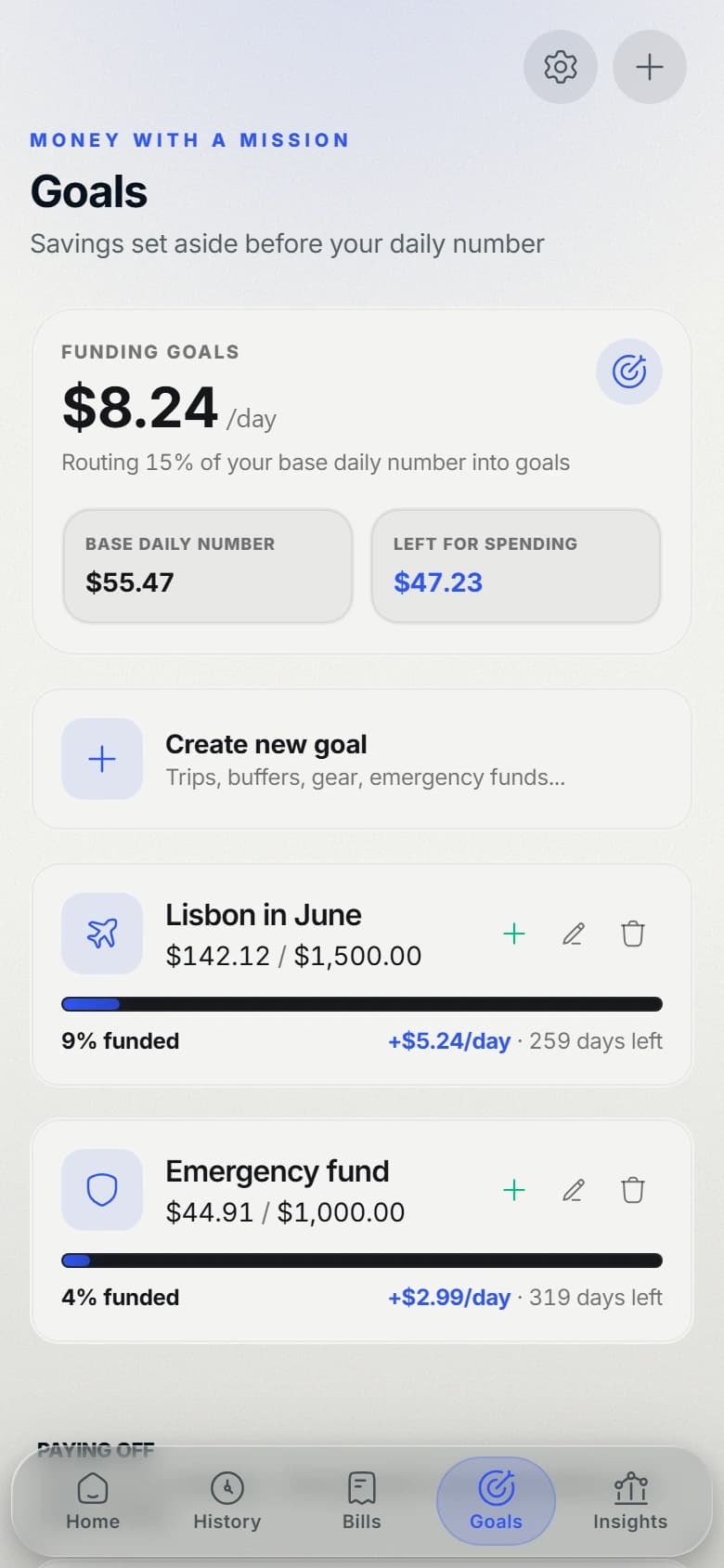 Basin goals screen showing daily funding for a Lisbon trip and an emergency fund.