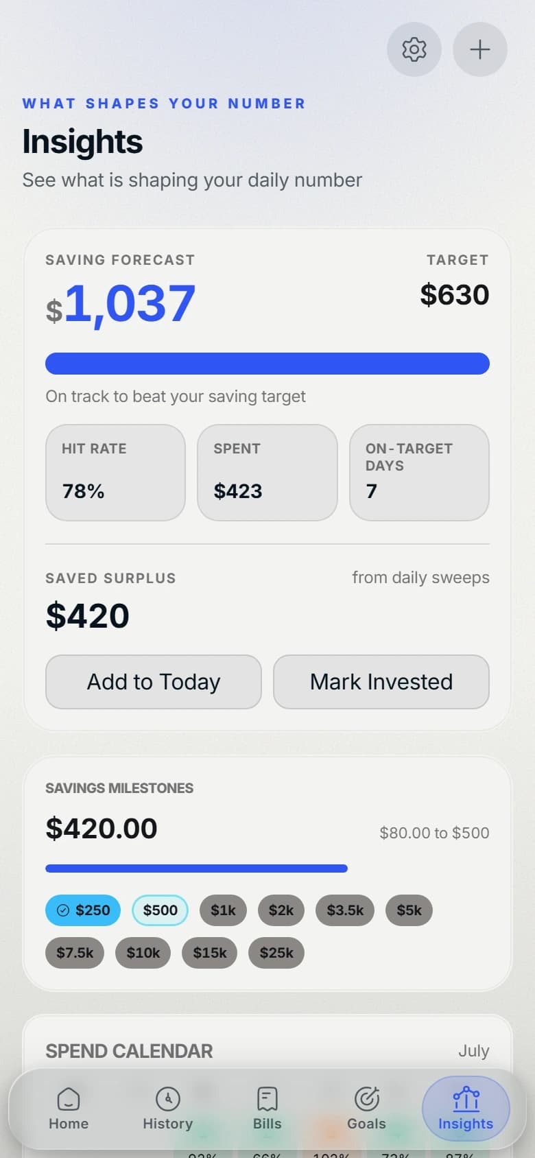 Basin insights screen showing a saving forecast, hit rate, saved surplus, and savings milestones.