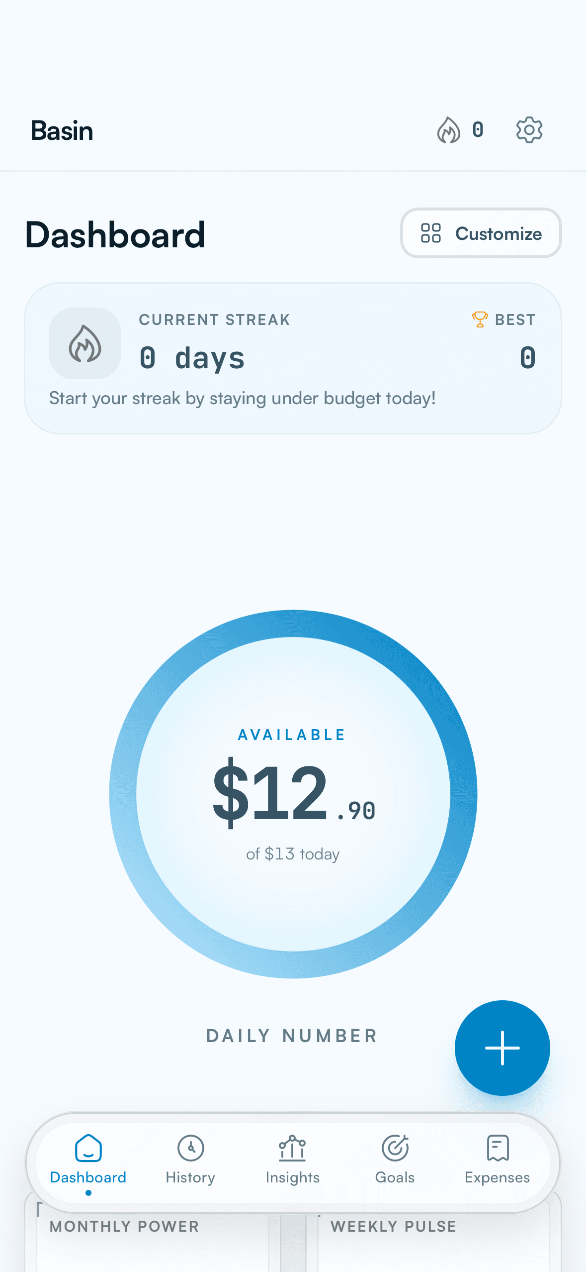 Basin dashboard showing a daily number ring, streak card, floating nav, and quick add button.