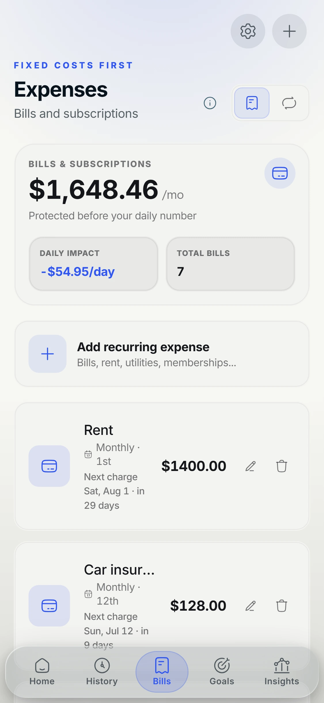 Basin Bills tab on the Paper theme: monthly protected total with rent, car insurance, internet, and four subscriptions listed with due dates.