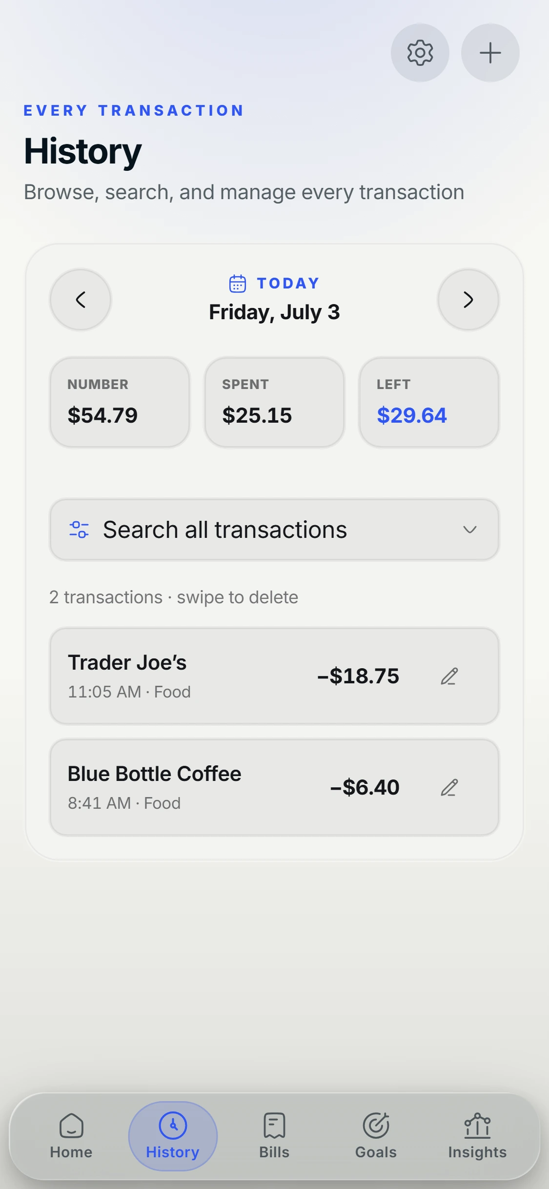 Basin History tab on the Paper theme: today’s view with daily number $54.79, spent $25.15, left $29.64, and the day’s transactions listed.