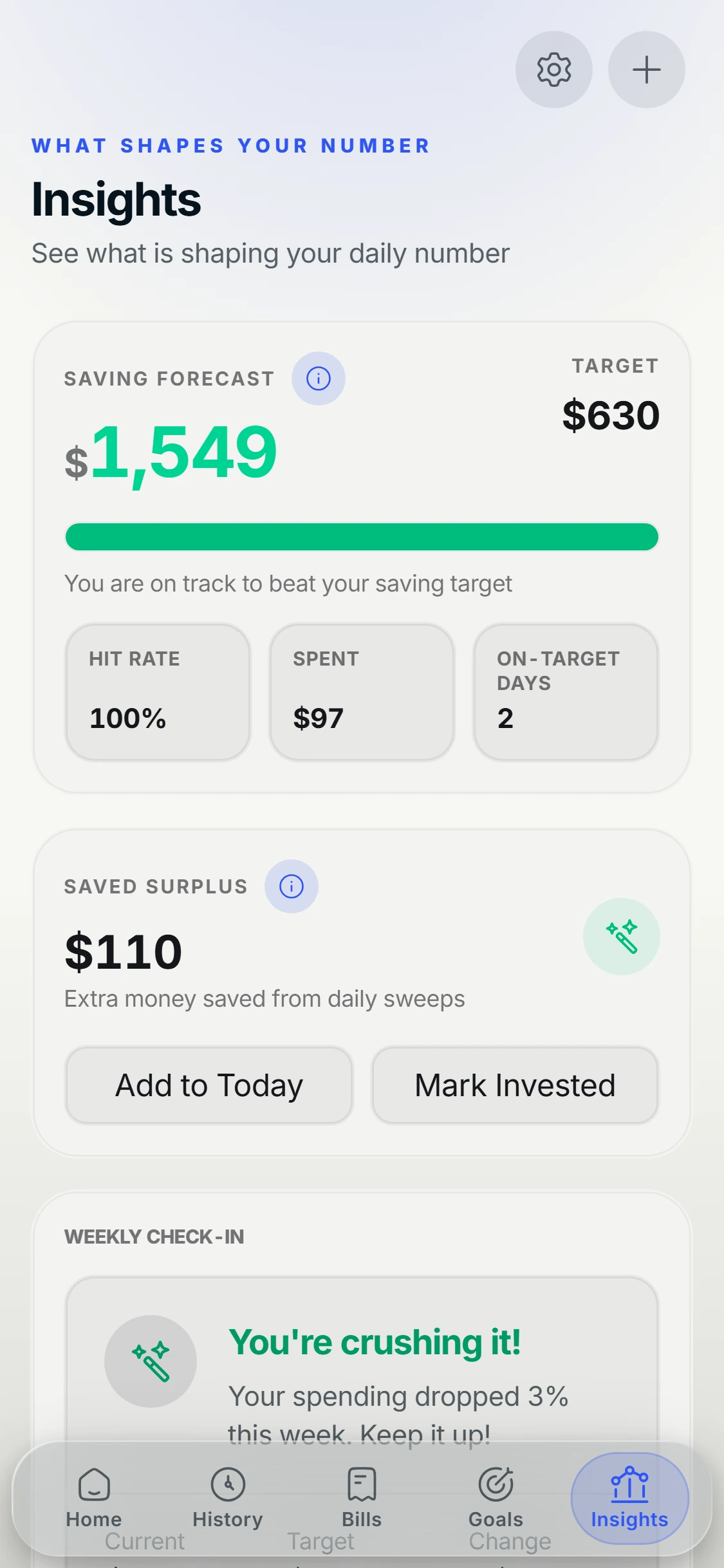 Basin Insights tab on the Paper theme: saving forecast of $1,549 against a $630 target, 100% hit rate, and $110 saved surplus from daily sweeps.