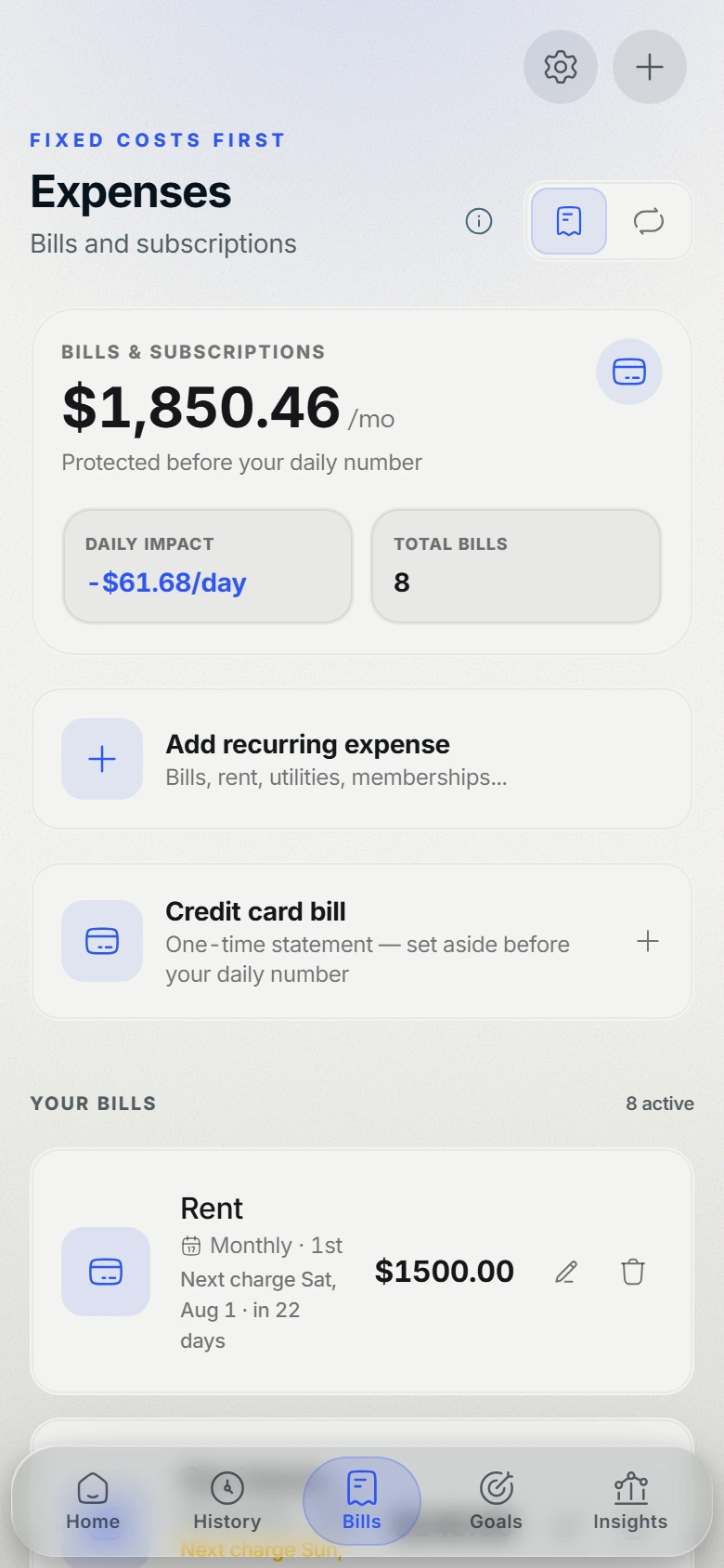 Basin Bills tab on the Paper theme: $1,850.46 per month protected across 8 bills, a −$61.68 daily impact, with rent and one-time credit-card statement capture below.