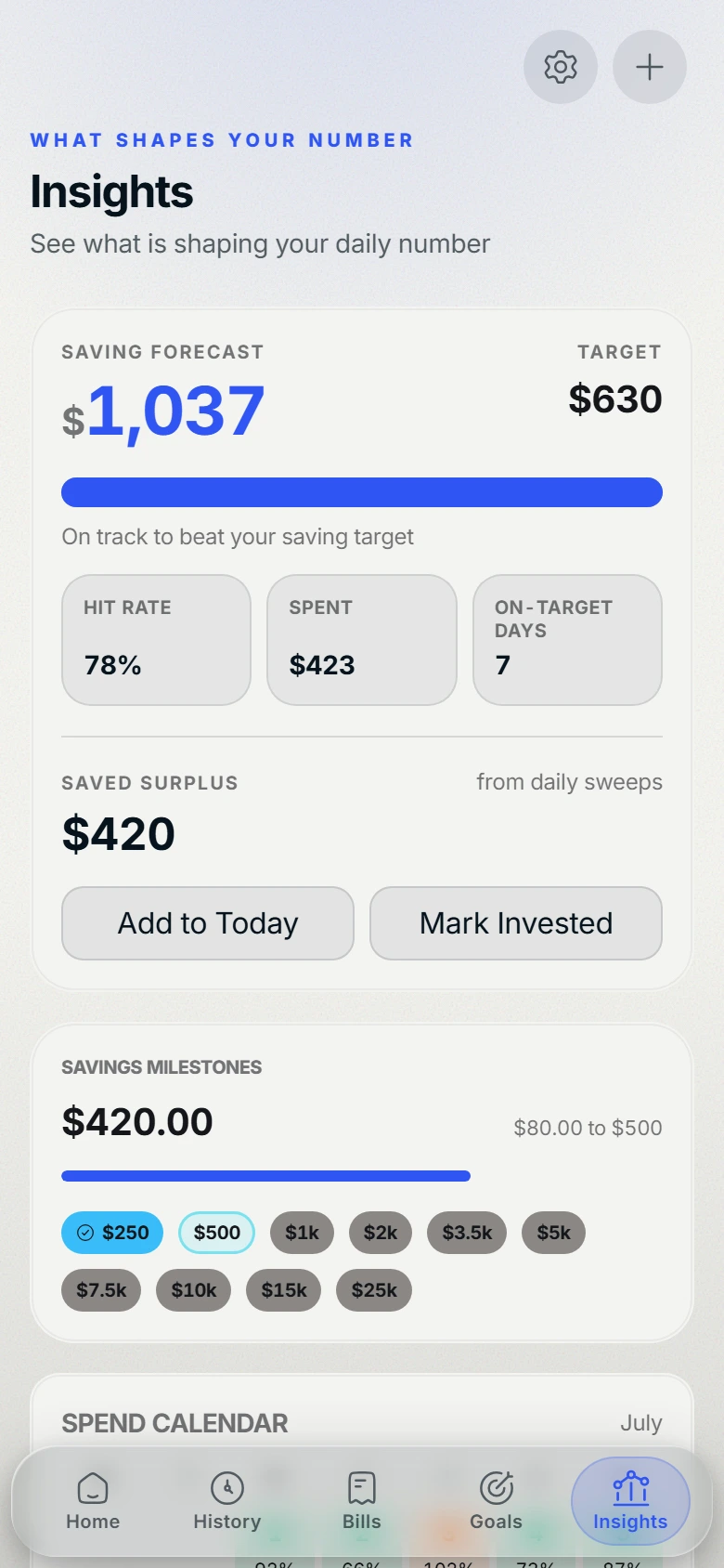 Basin Insights tab on the Paper theme: saving forecast of $1,037 against a $630 target, 78% hit rate, and $420 saved surplus from daily sweeps.